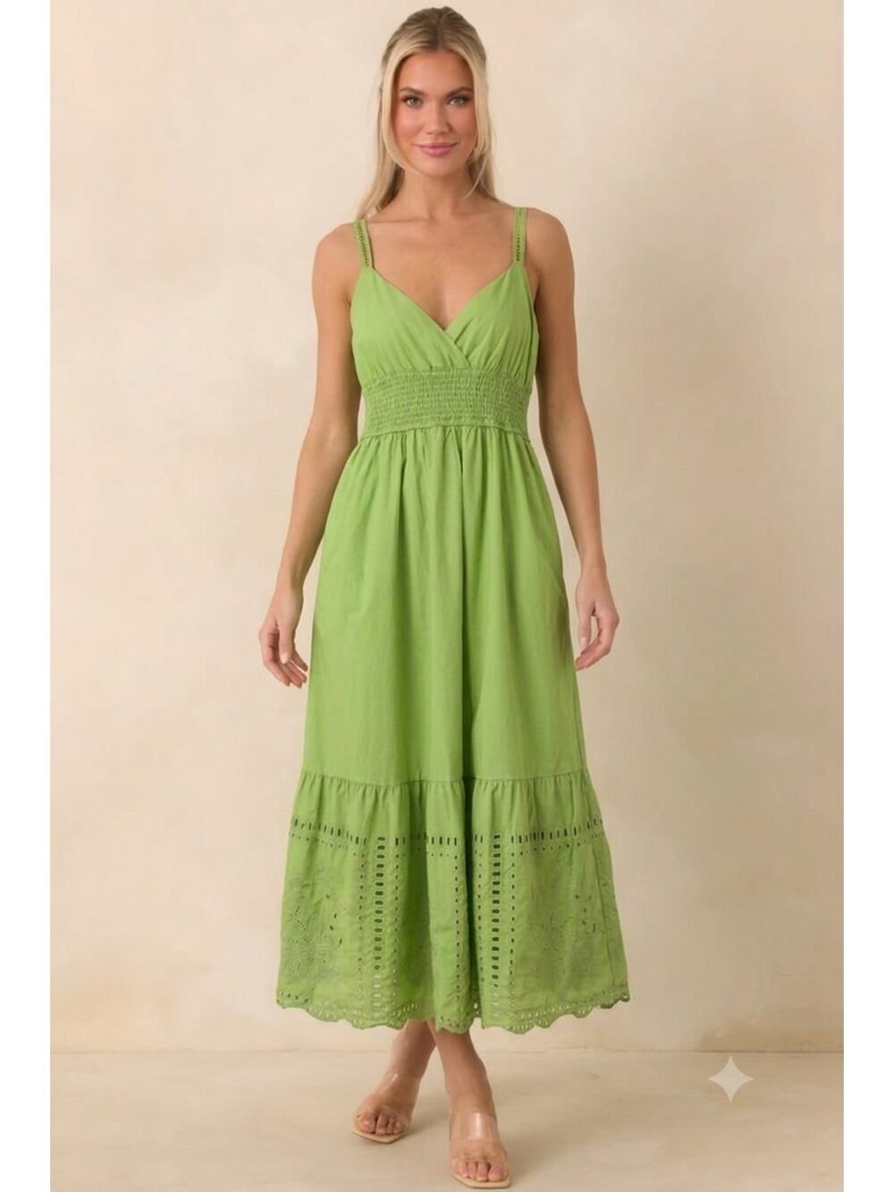 Calypso St Barth Green Eyelet Embroidered Maxi Dress XL Boho Cottagecore Minimal